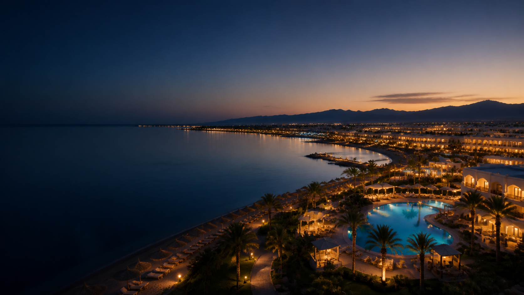 Orient resort lights along the Red Sea at dusk