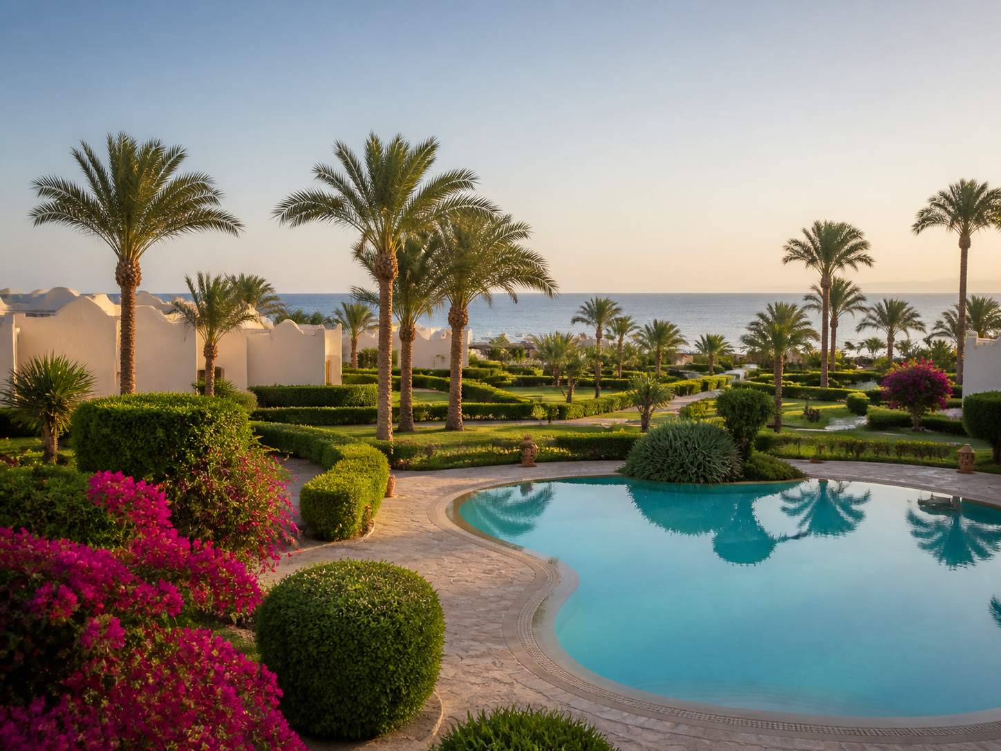 A green garden path beside a resort pool