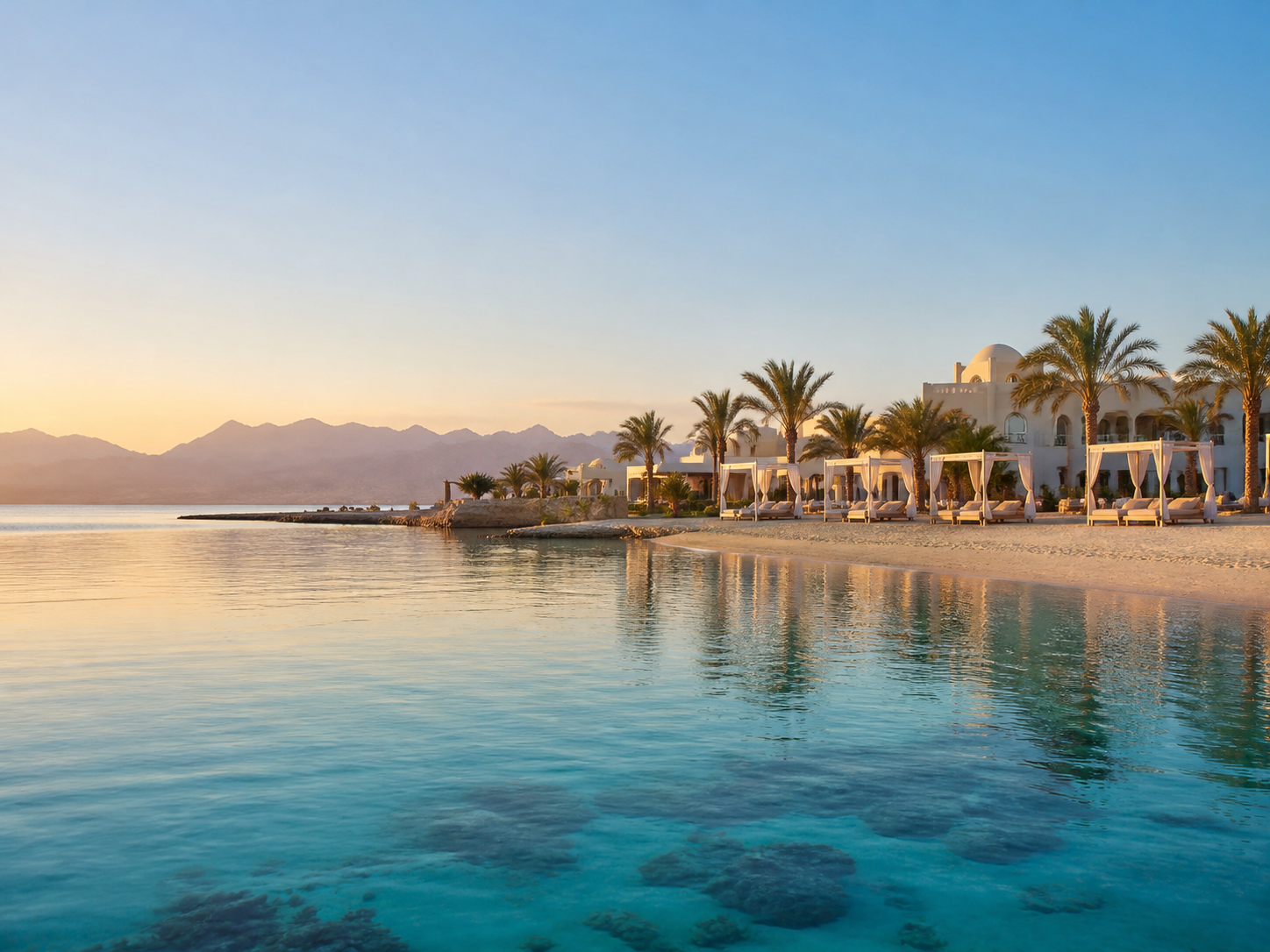 A tranquil lagoon resort and beach at golden hour