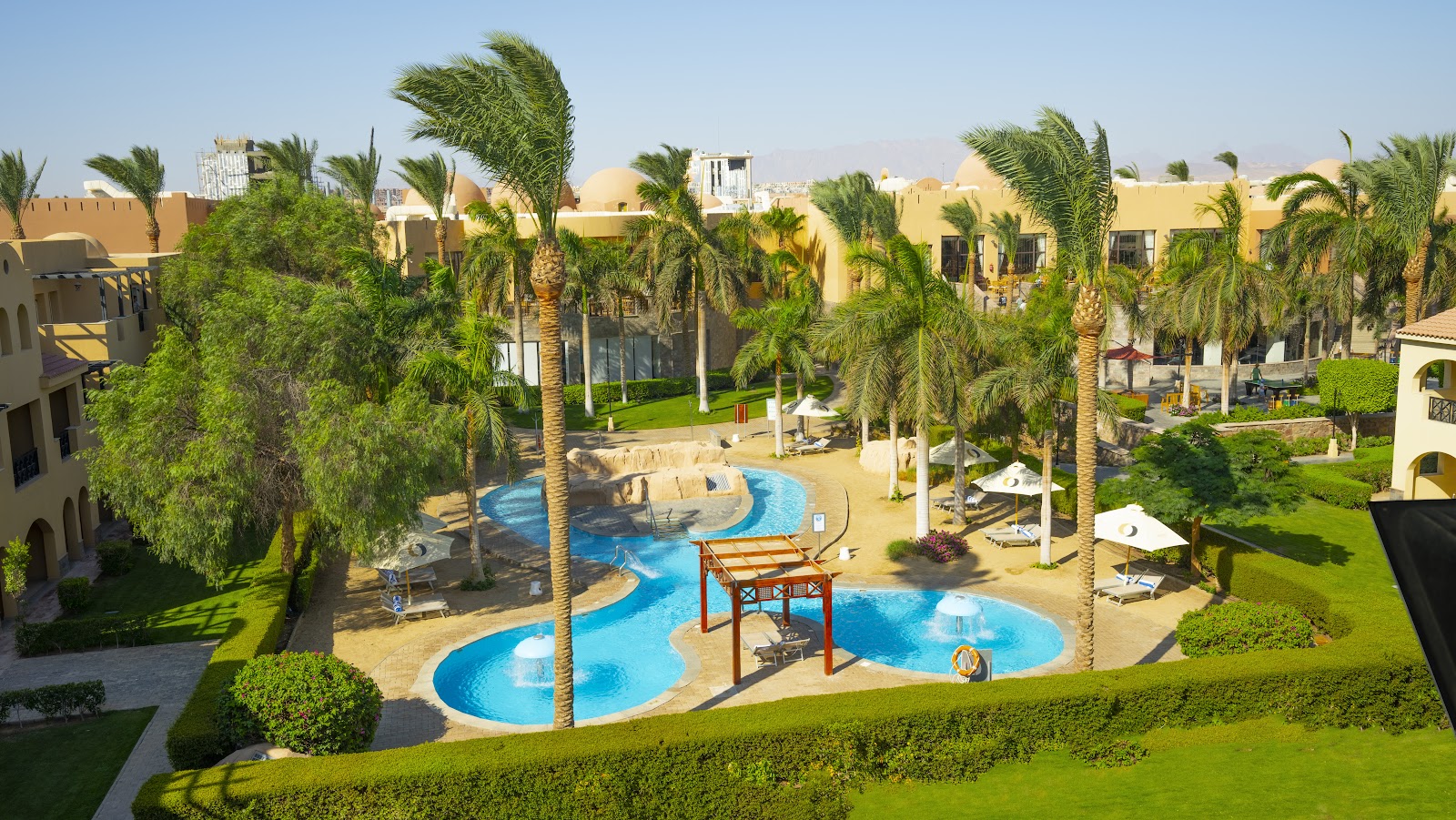 The resort pool in warm evening light